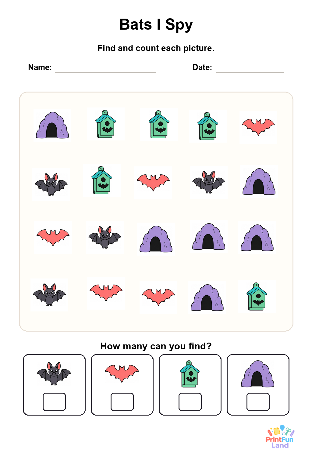 Bats I Spy for Preschoolers printable page 1