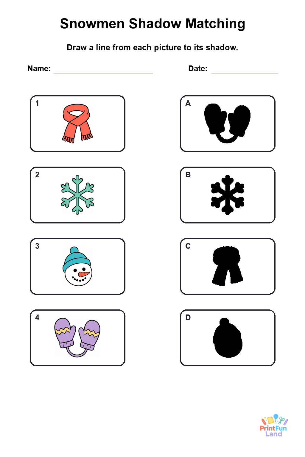 Snowmen Matching Games for Preschoolers printable page 2