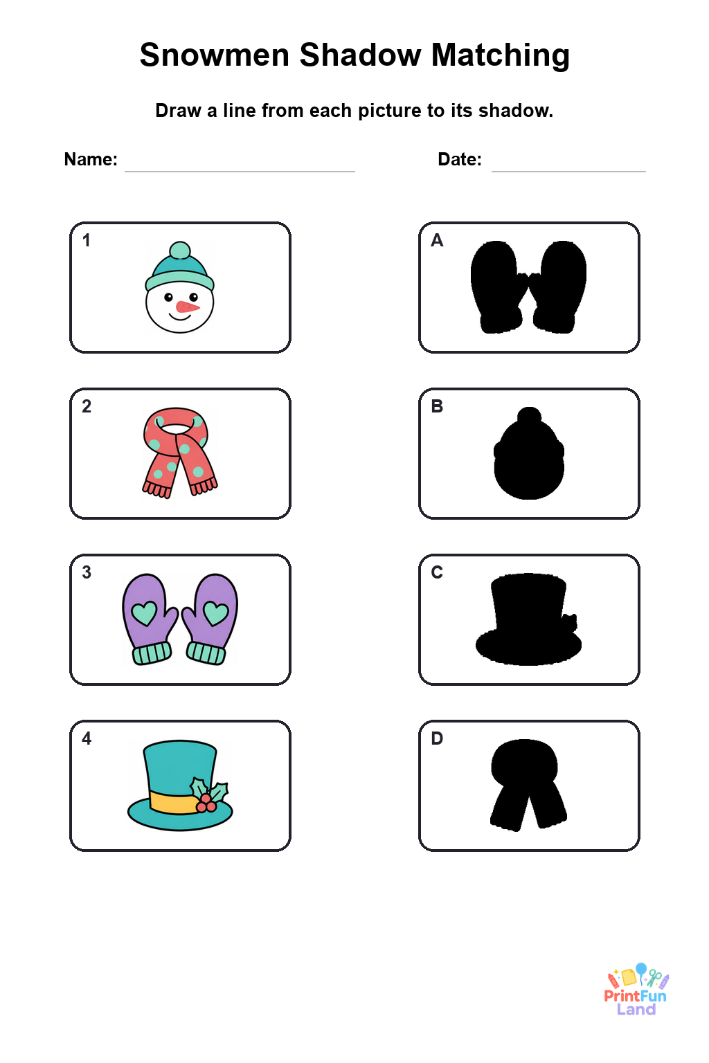 Snowmen Matching Games for Preschoolers printable page 1