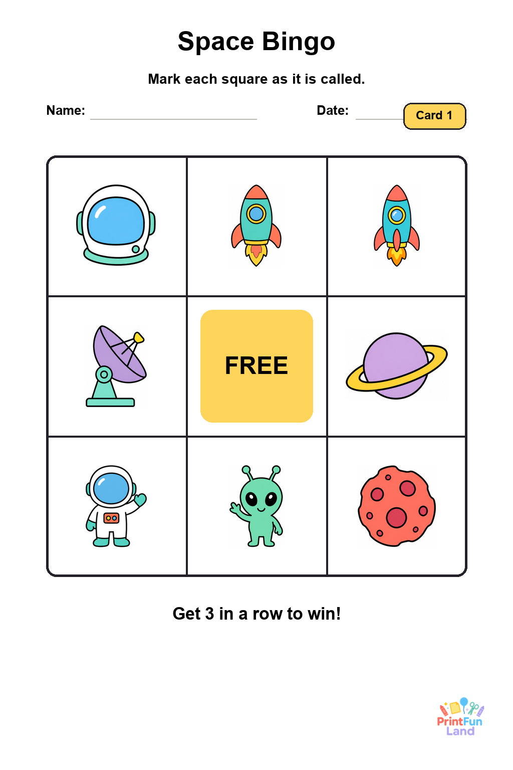 Space Bingo for Preschoolers printable page 1