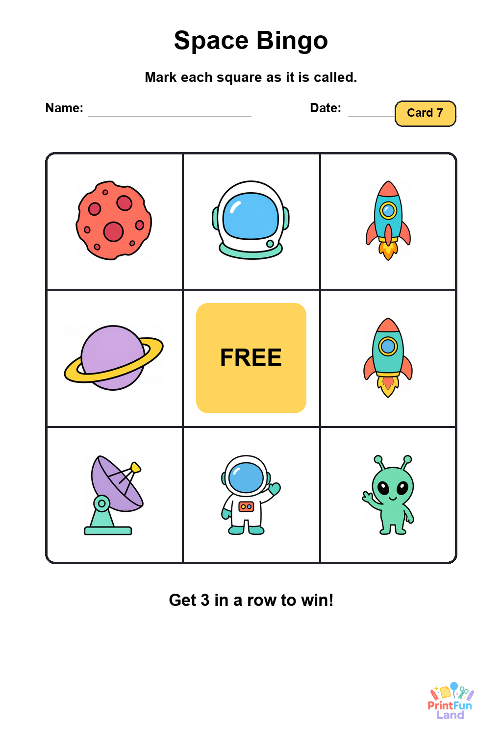 Space Bingo for Preschoolers printable page 7