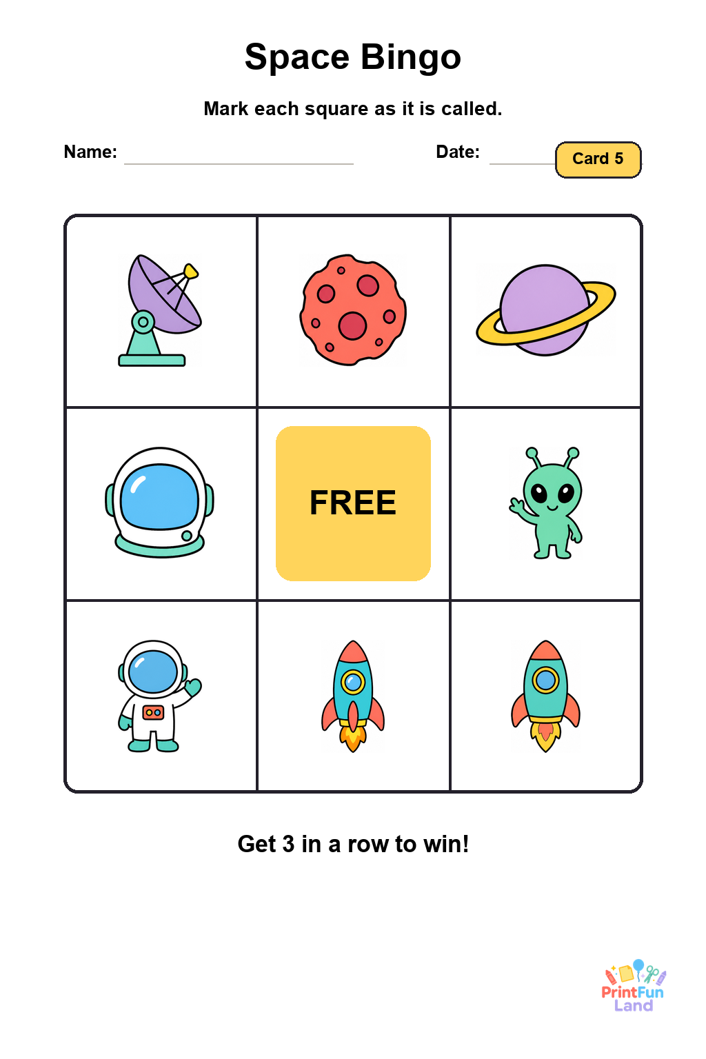 Space Bingo for Preschoolers printable page 5
