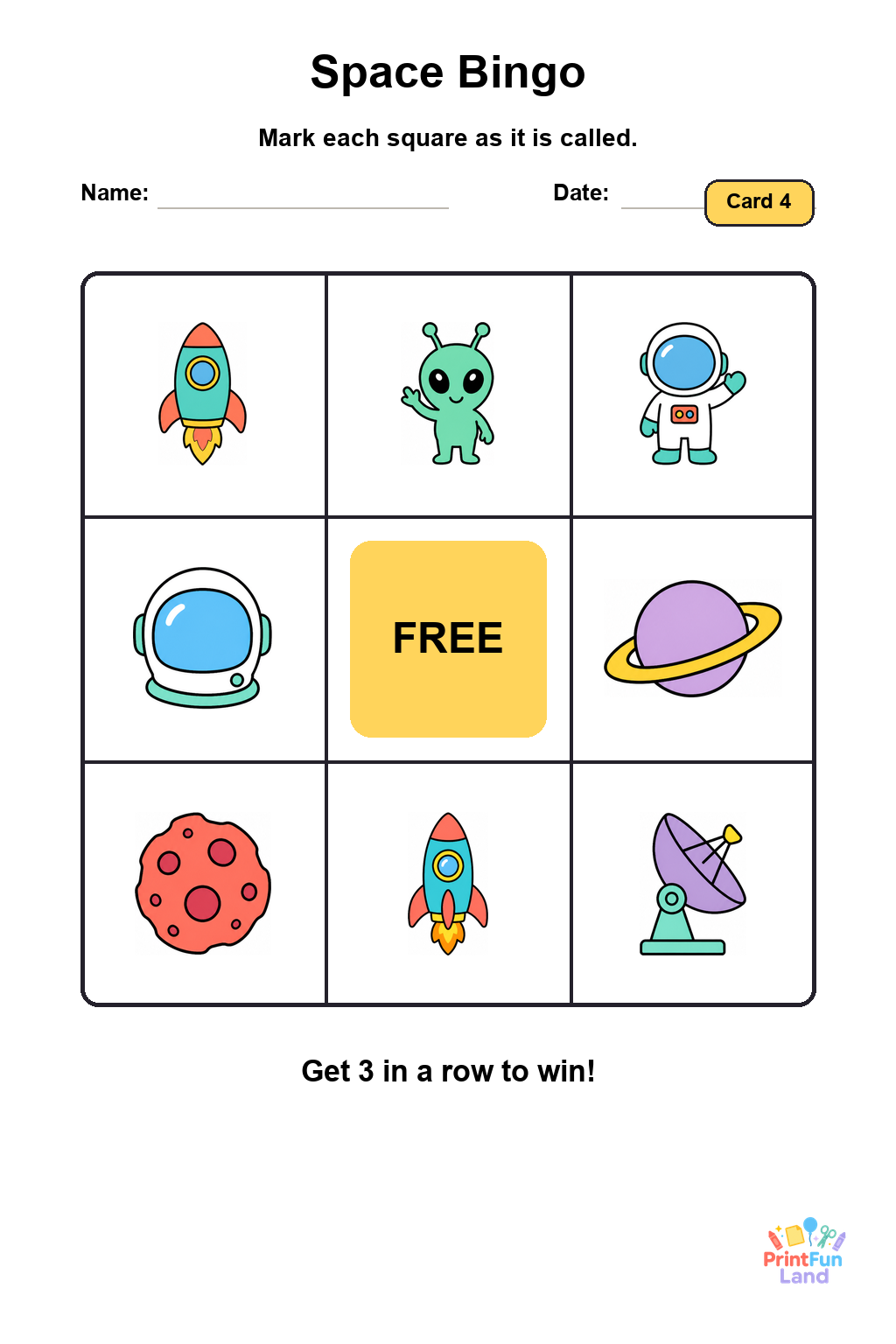 Space Bingo for Preschoolers printable page 4