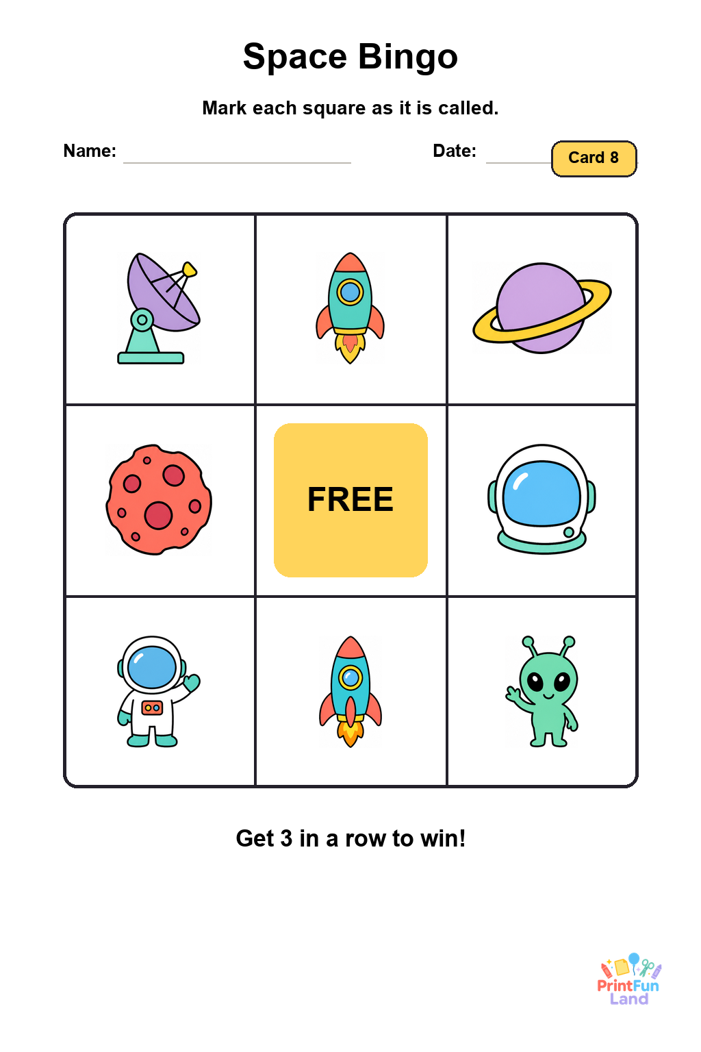 Space Bingo for Preschoolers printable page 8