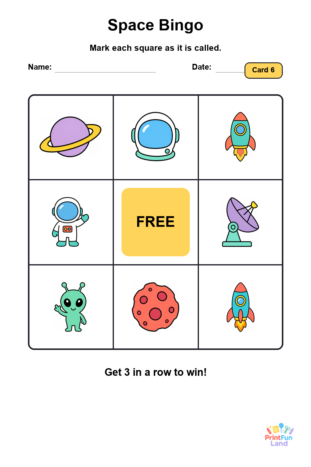Space Bingo for Preschoolers printable page 6