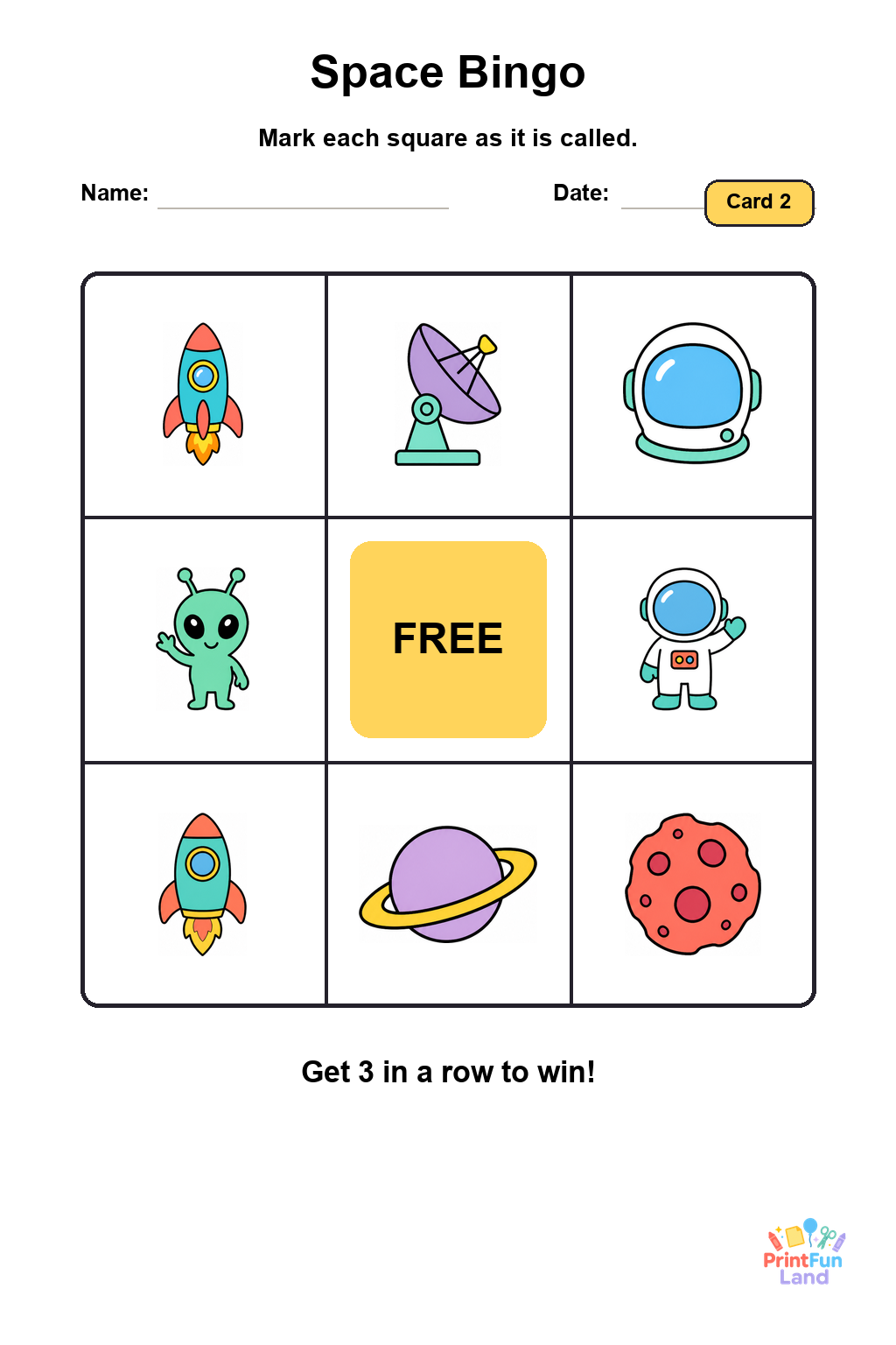 Space Bingo for Preschoolers printable page 2