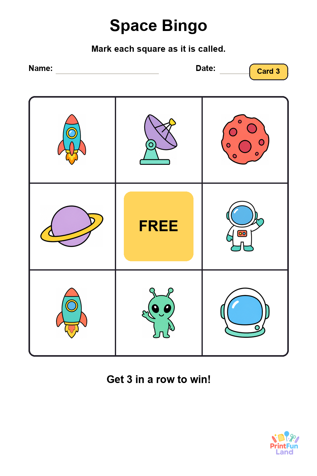 Space Bingo for Preschoolers printable page 3