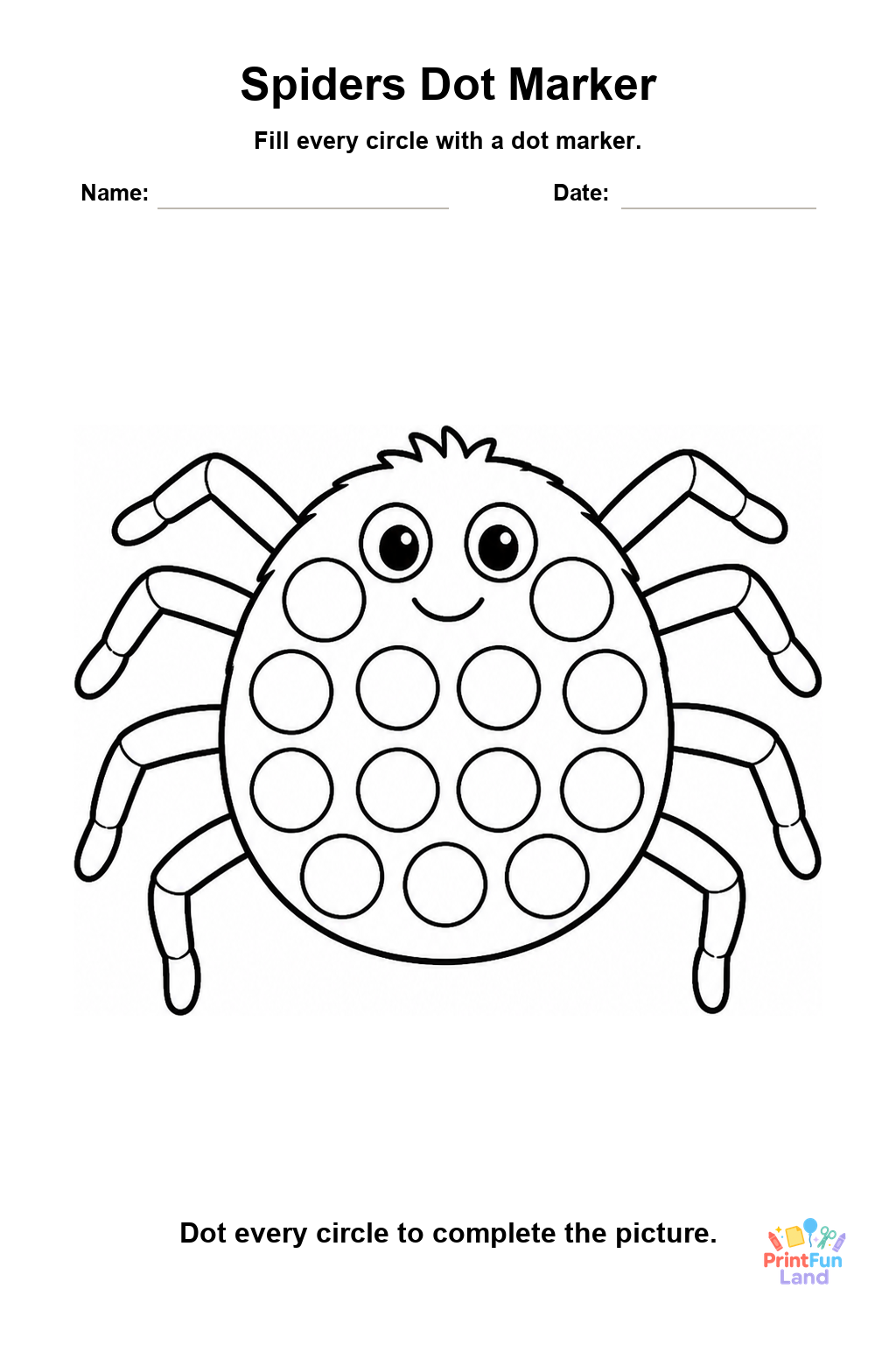 Spiders Dot Marker Pages for Preschoolers printable page 1