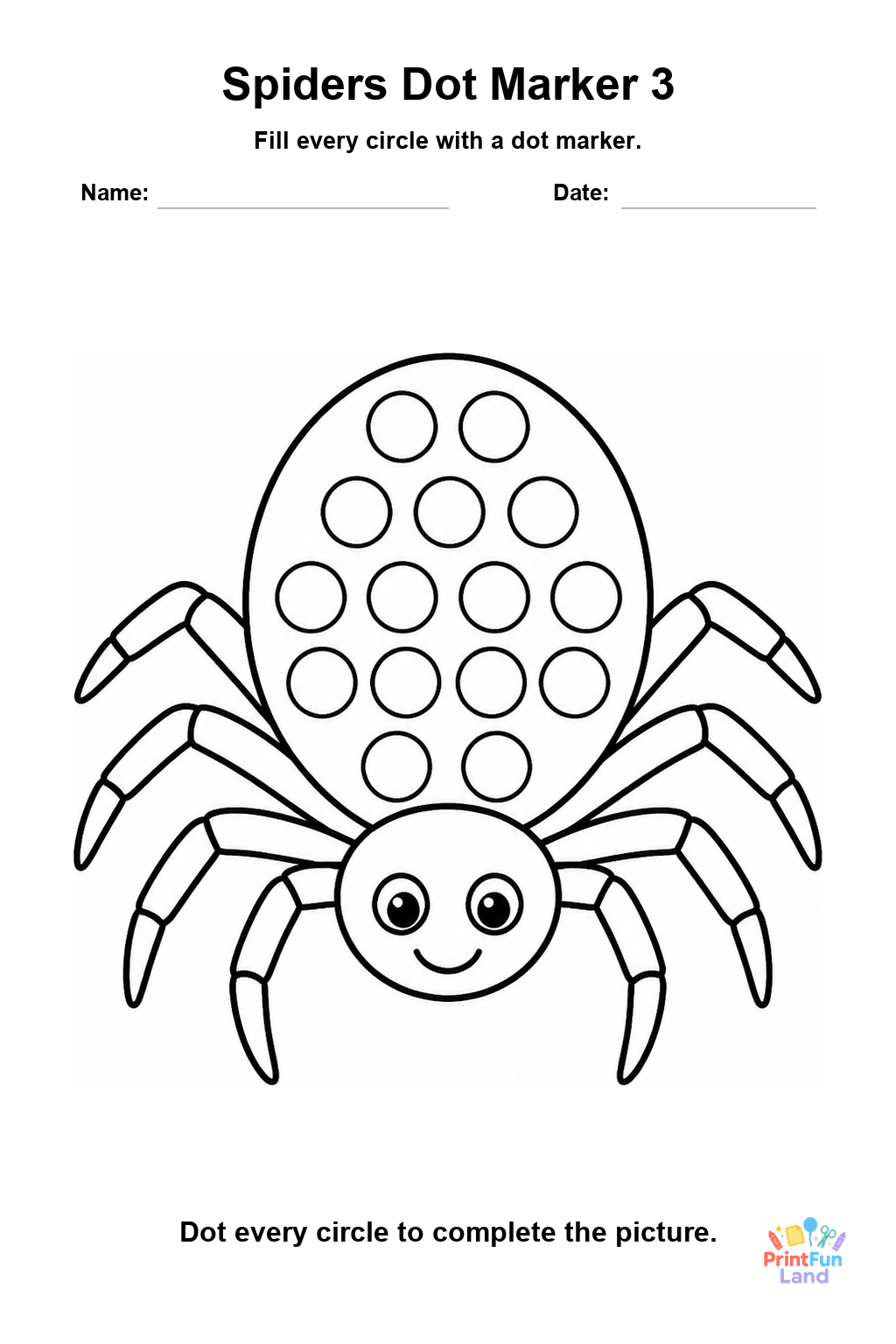 Spiders Dot Marker Pages for Preschoolers printable page 3