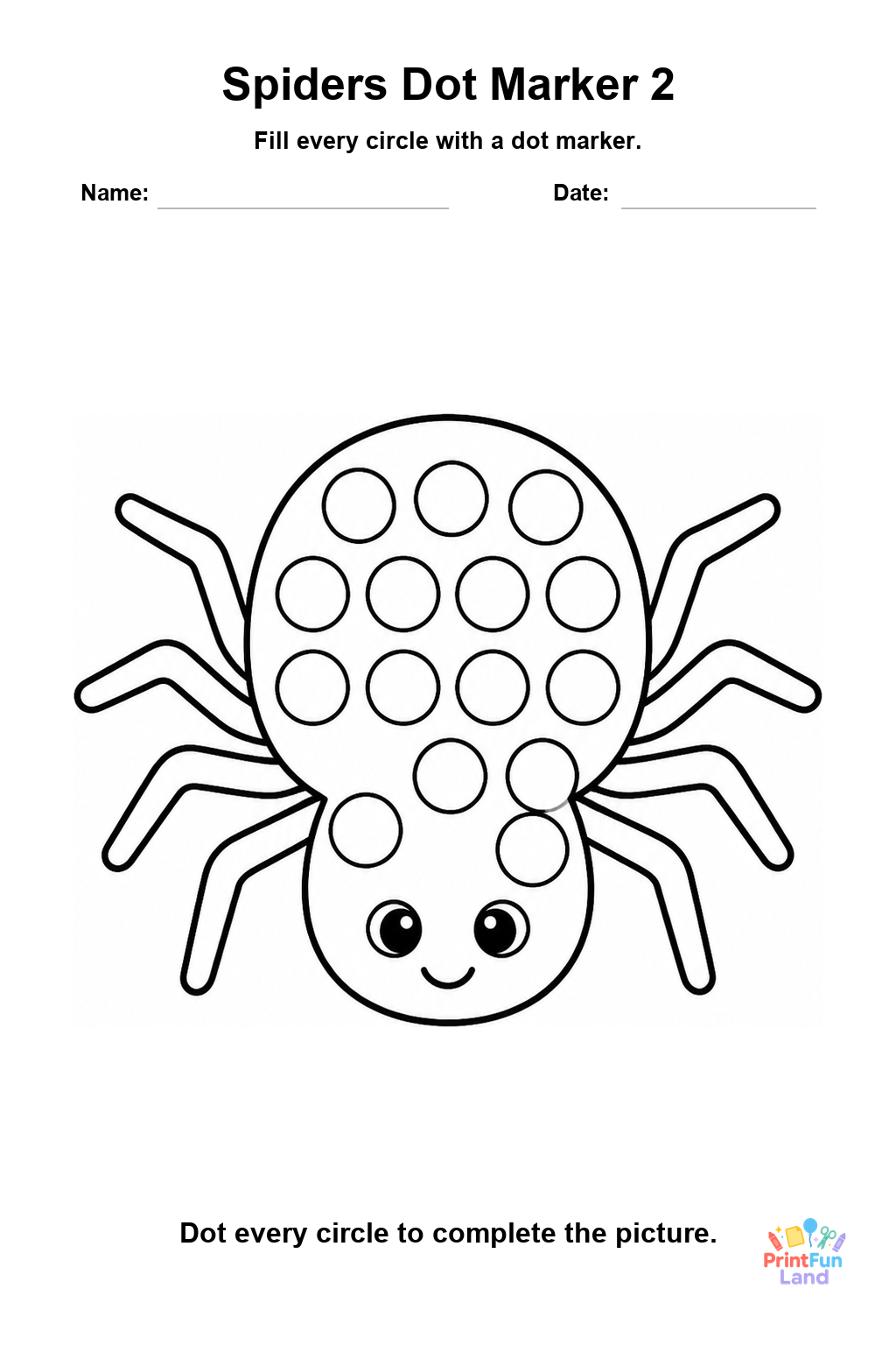 Spiders Dot Marker Pages for Preschoolers printable page 2