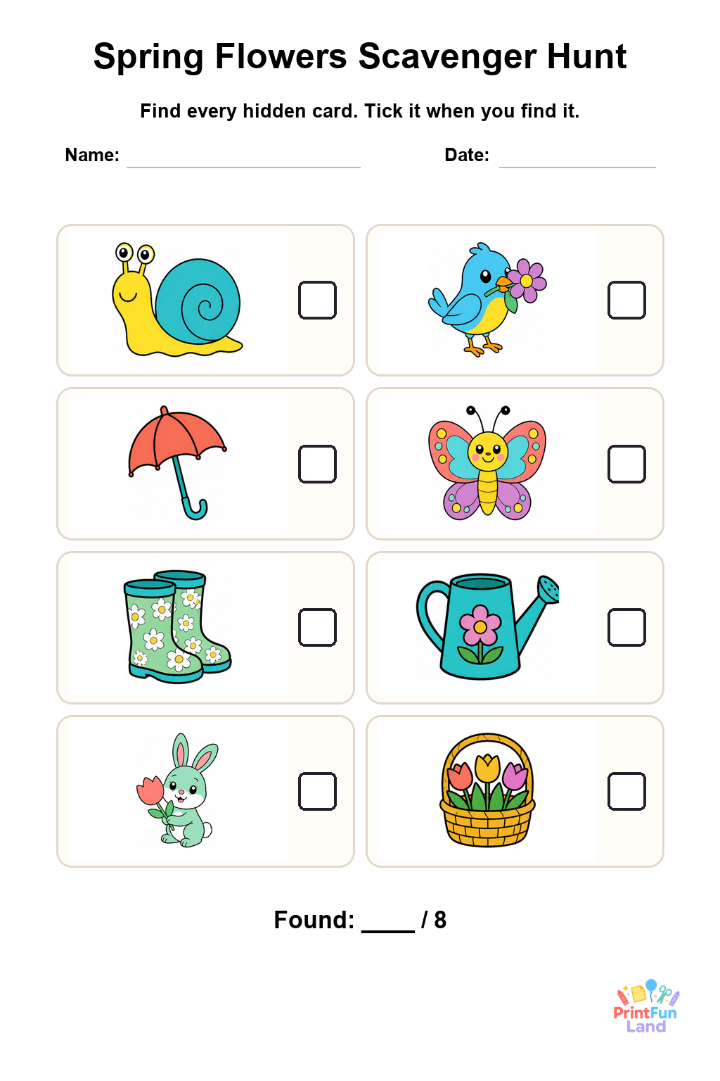 Spring Flowers Scavenger Hunt for Preschoolers printable page 1