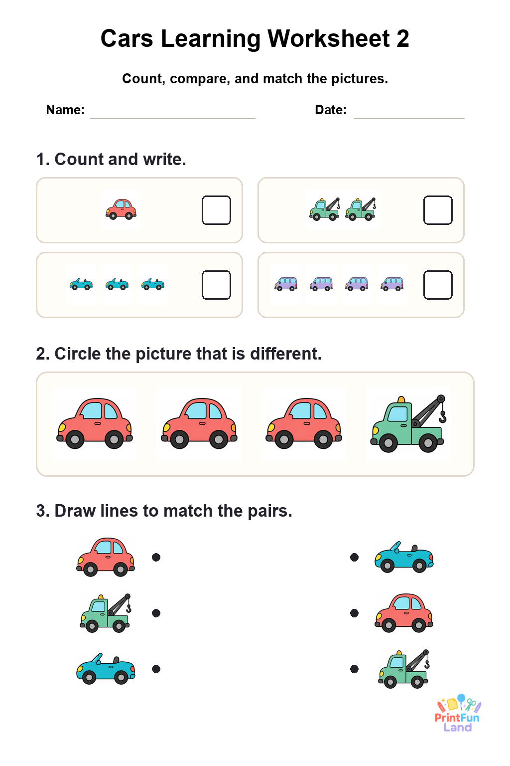 Cars Worksheets for Preschoolers printable page 2