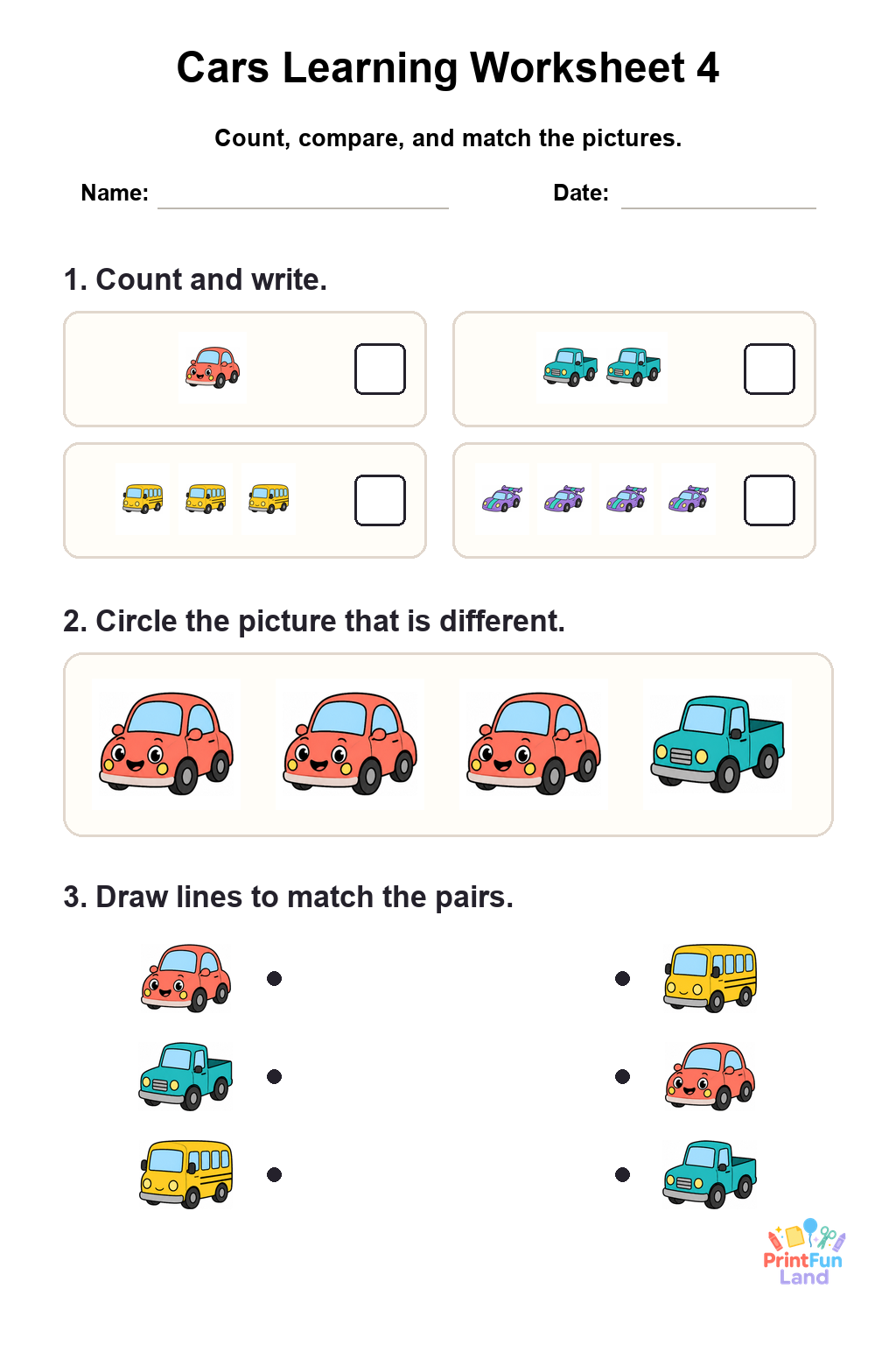 Cars Worksheets for Preschoolers printable page 4