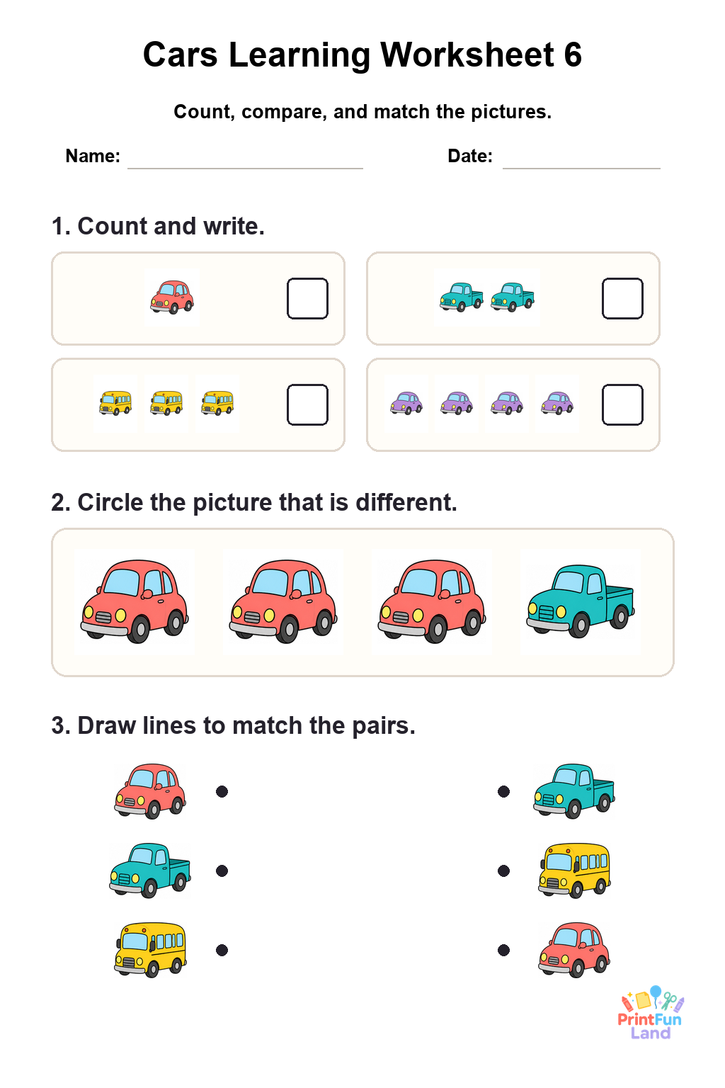 Cars Worksheets for Preschoolers printable page 6