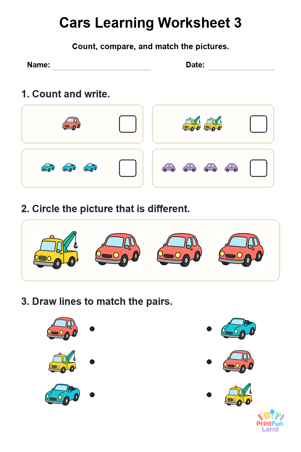 Cars Worksheets for Preschoolers printable page 3