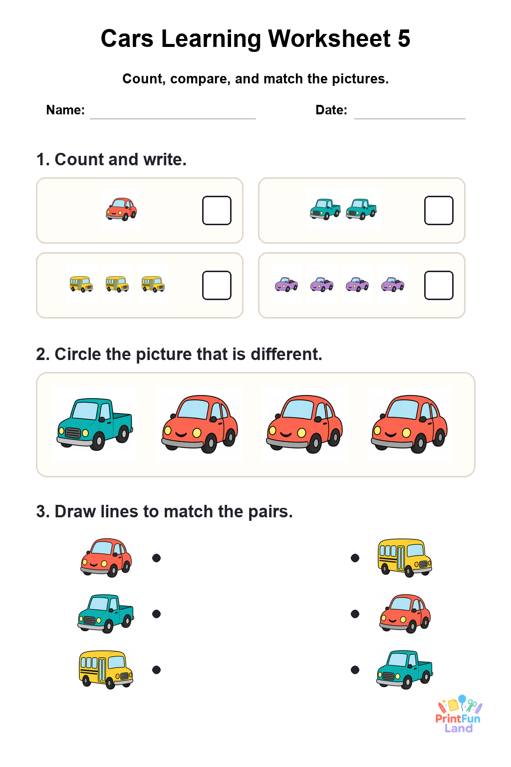 Cars Worksheets for Preschoolers printable page 5