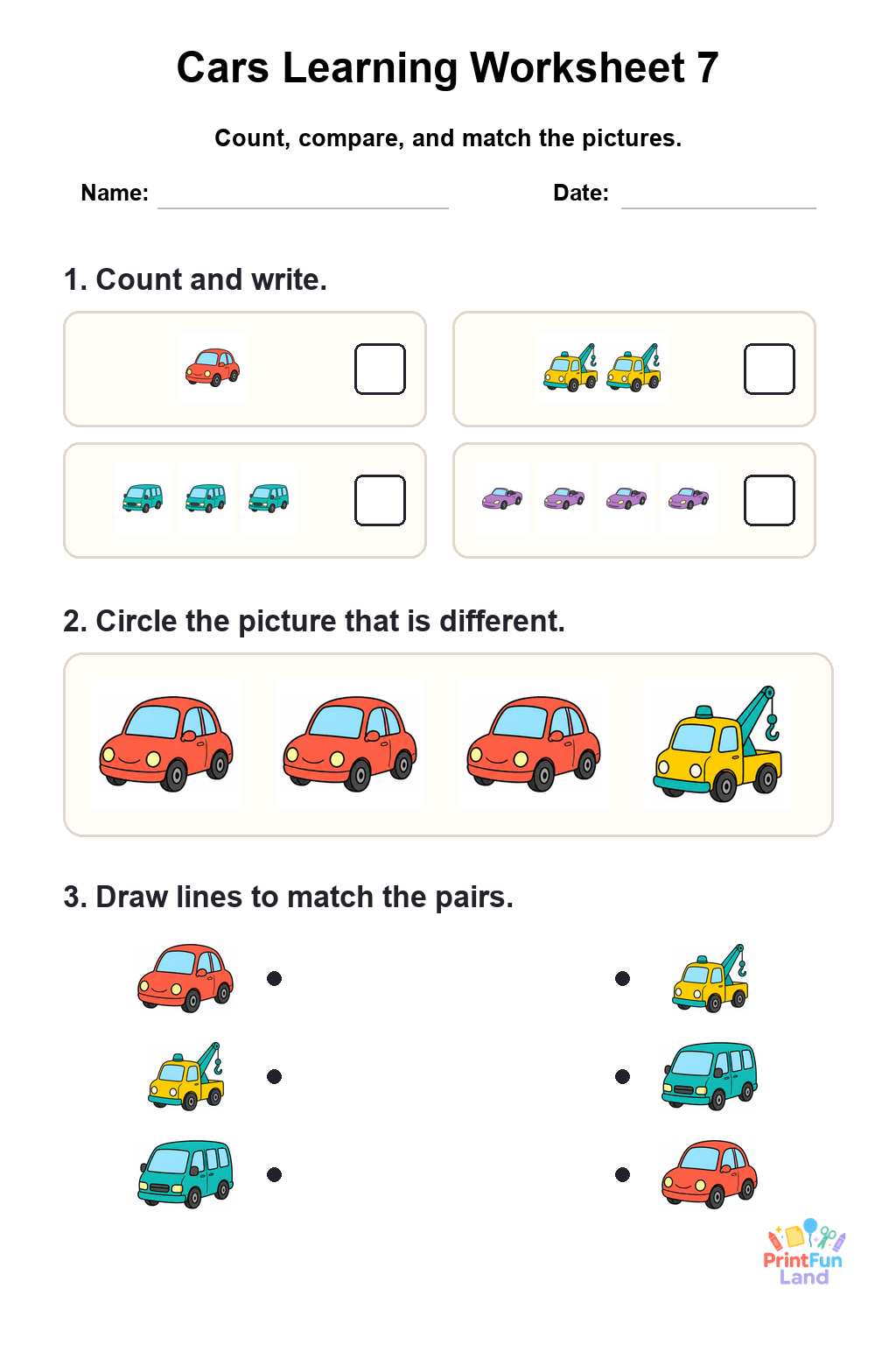 Cars Worksheets for Preschoolers printable page 7