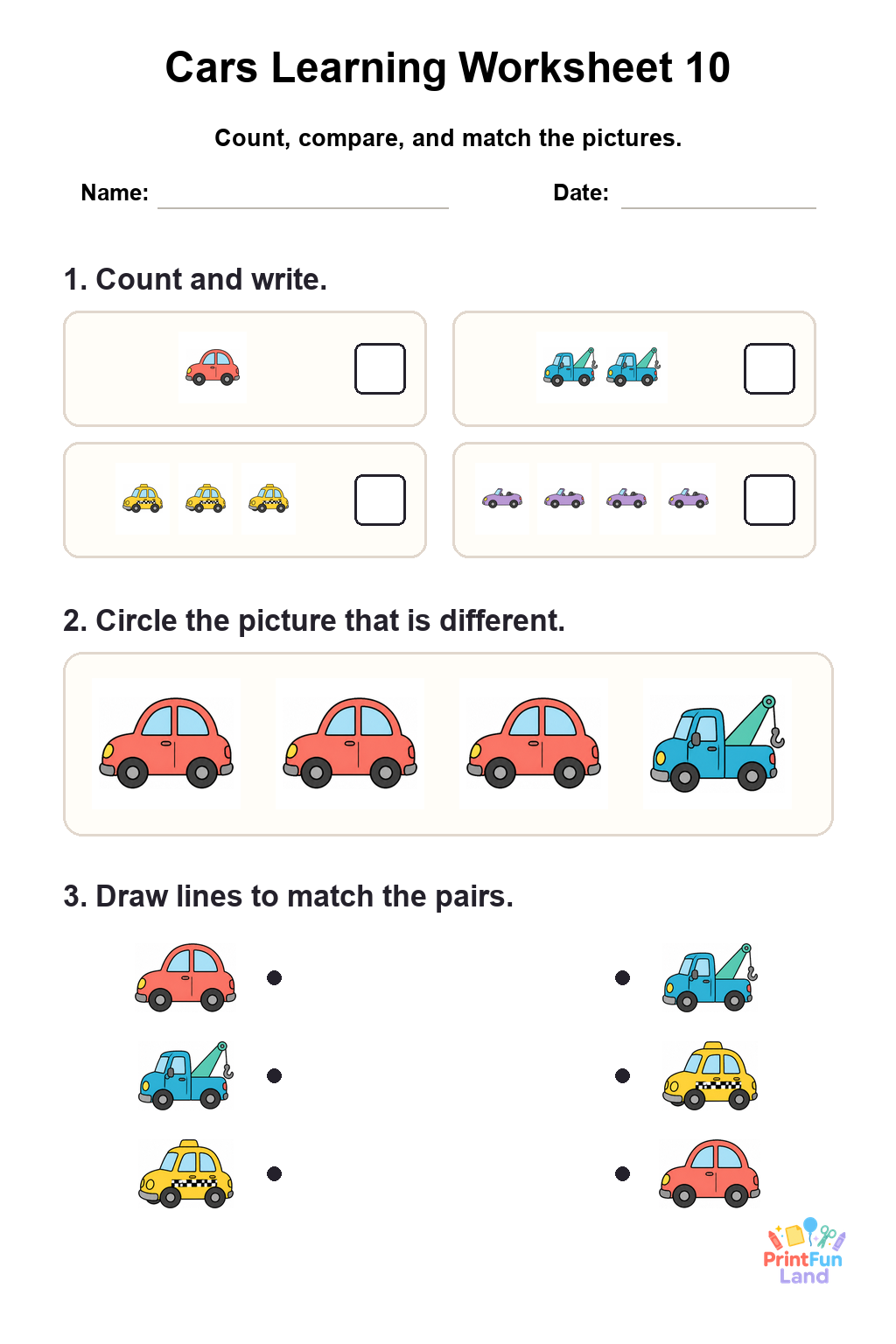 Cars Worksheets for Preschoolers printable page 10