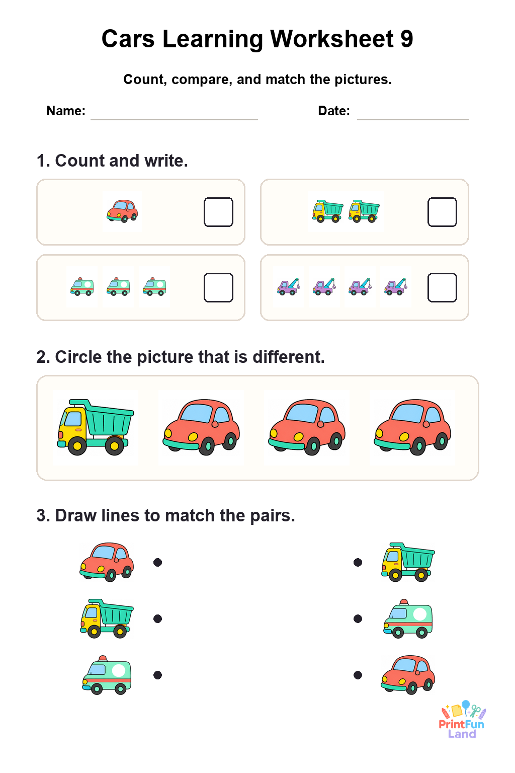 Cars Worksheets for Preschoolers printable page 9