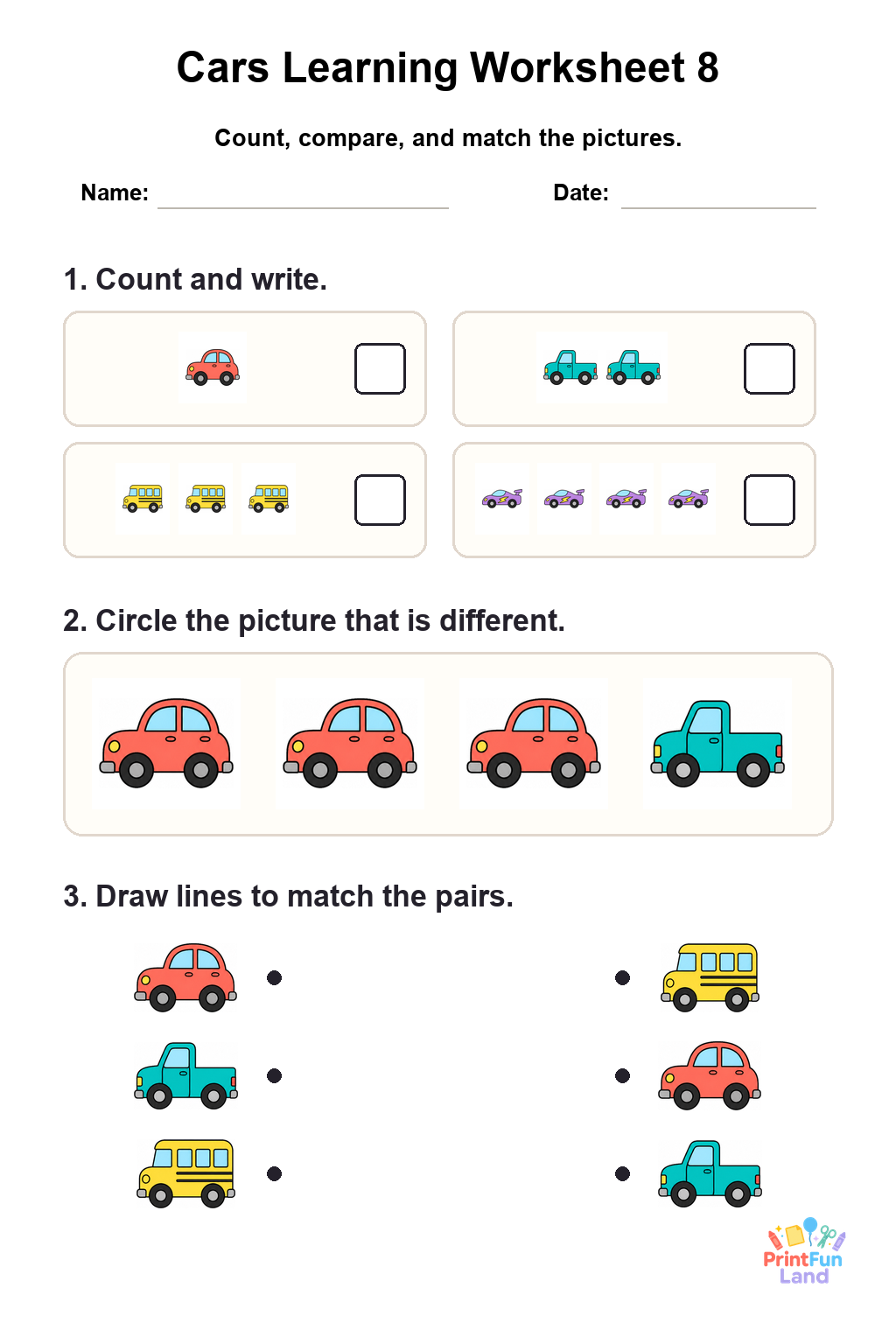 Cars Worksheets for Preschoolers printable page 8