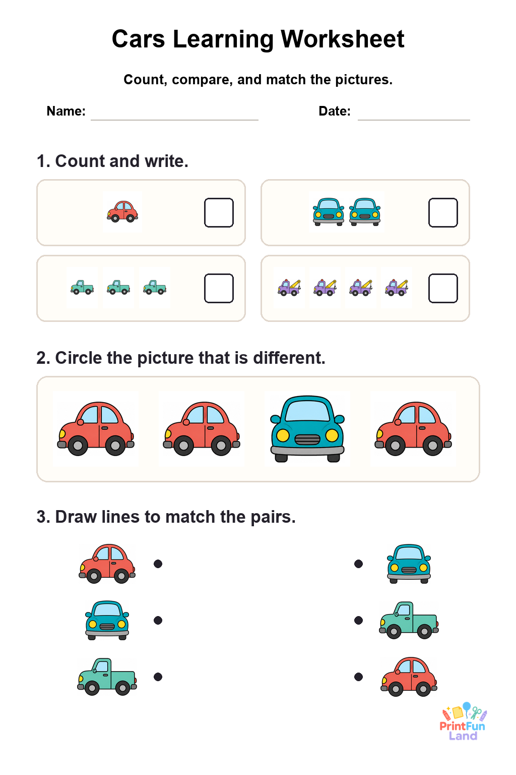 Cars Worksheets for Preschoolers printable page 1