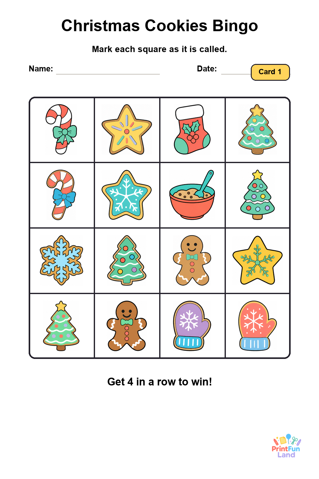 Christmas Cookies Bingo for Preschoolers printable page 1
