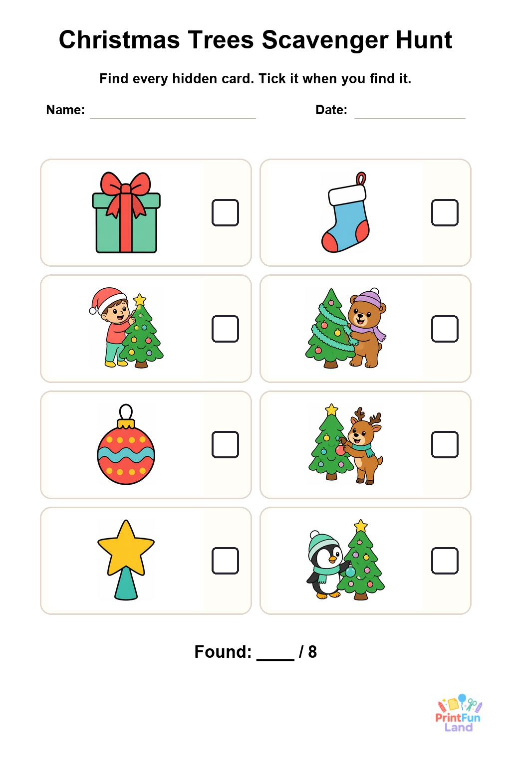 Christmas Trees Scavenger Hunt for Preschoolers printable page 1