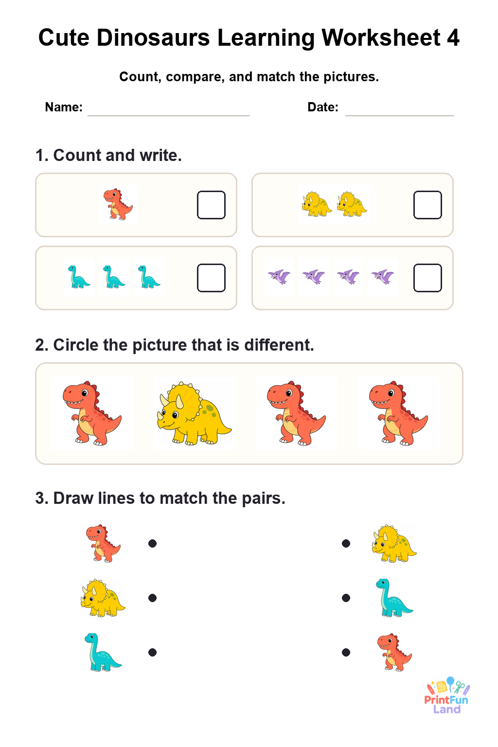 Cute Dinosaurs Worksheets for Preschoolers printable page 4