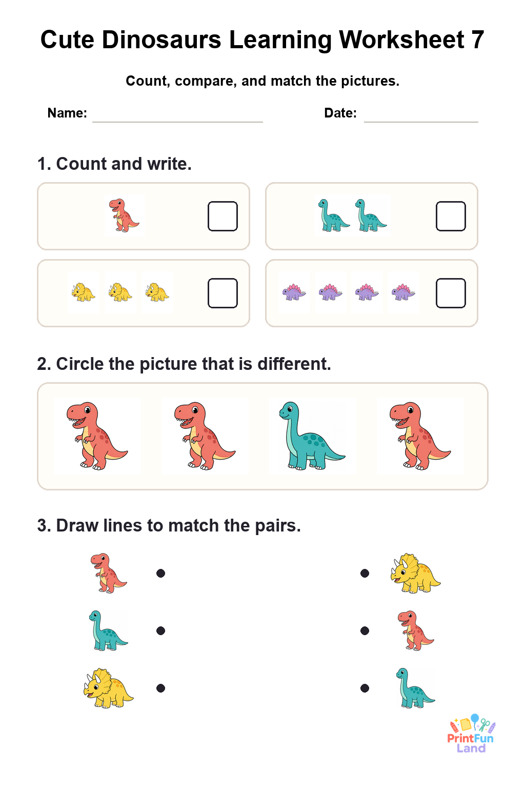 Cute Dinosaurs Worksheets for Preschoolers printable page 7