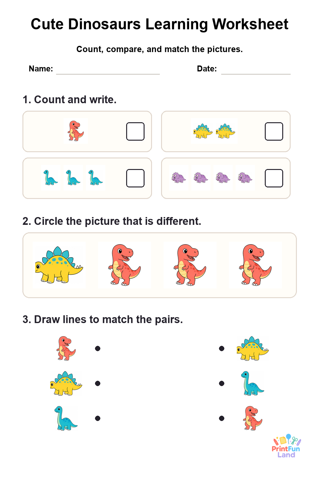 Cute Dinosaurs Worksheets for Preschoolers printable page 1
