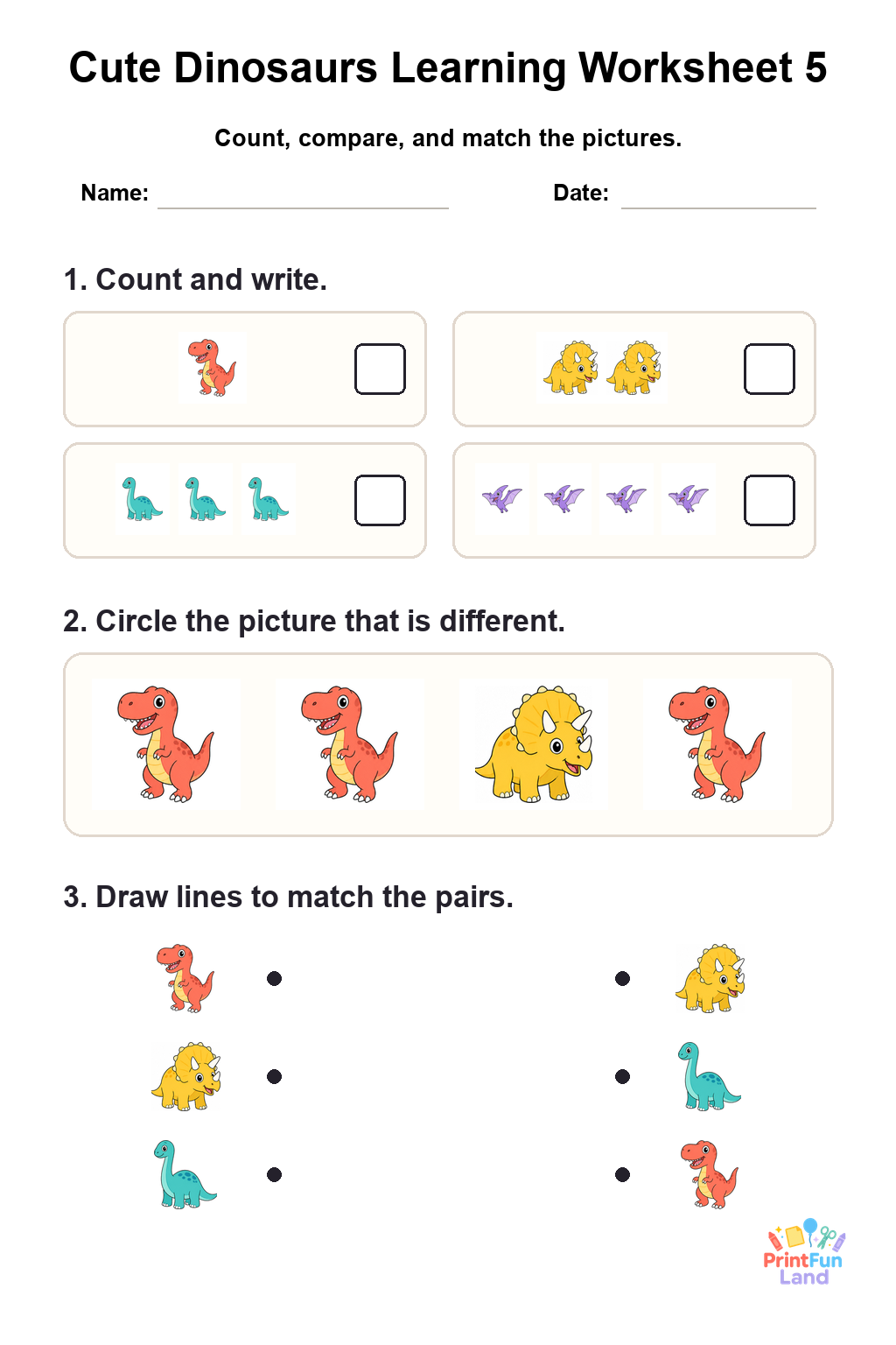 Cute Dinosaurs Worksheets for Preschoolers printable page 5