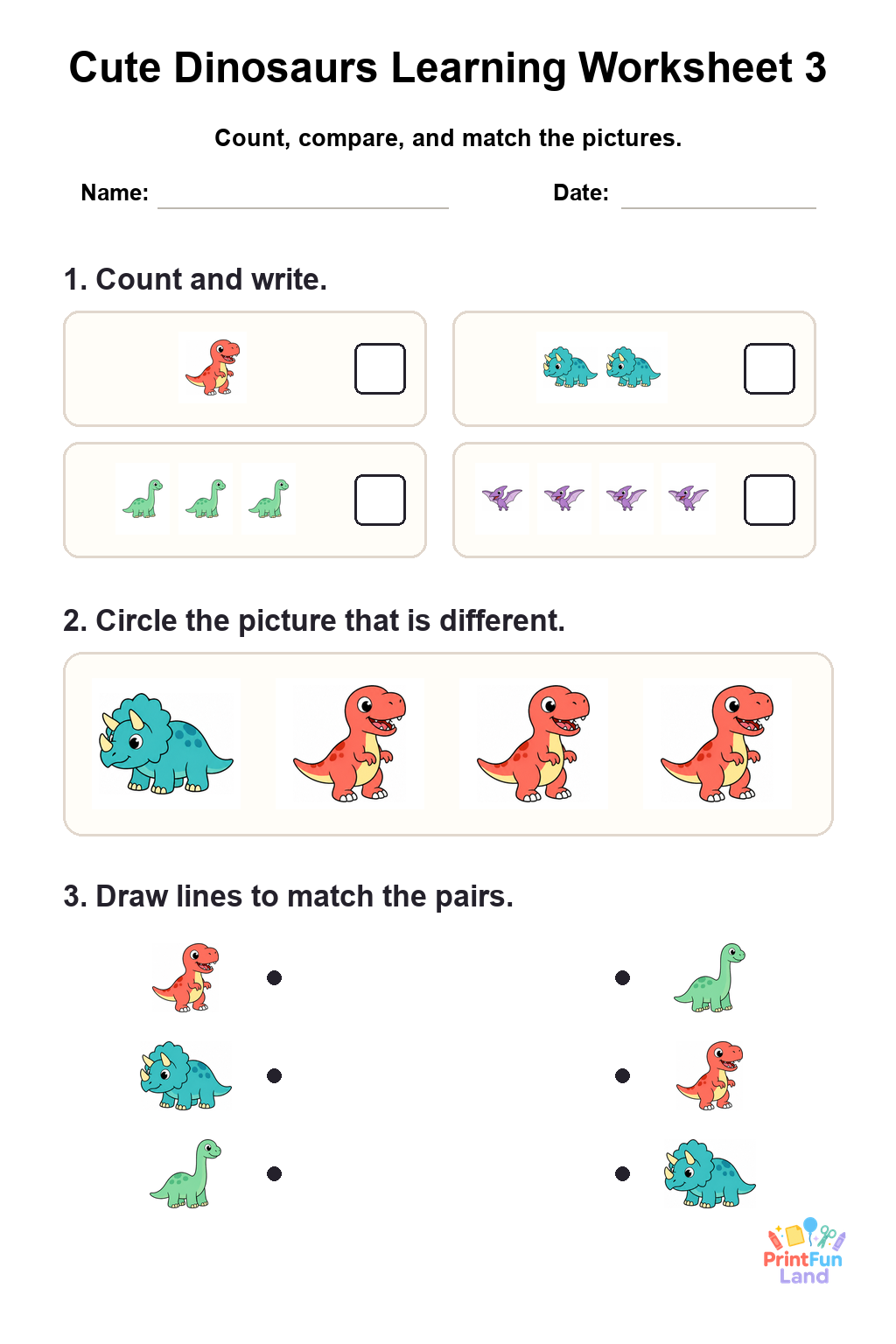 Cute Dinosaurs Worksheets for Preschoolers printable page 3