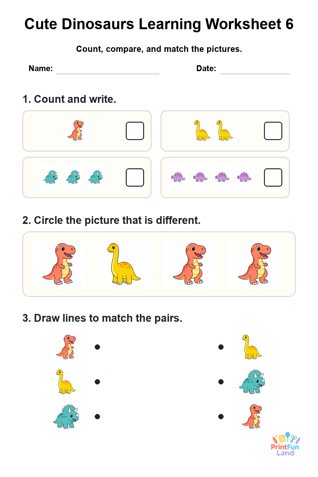Cute Dinosaurs Worksheets for Preschoolers printable page 6