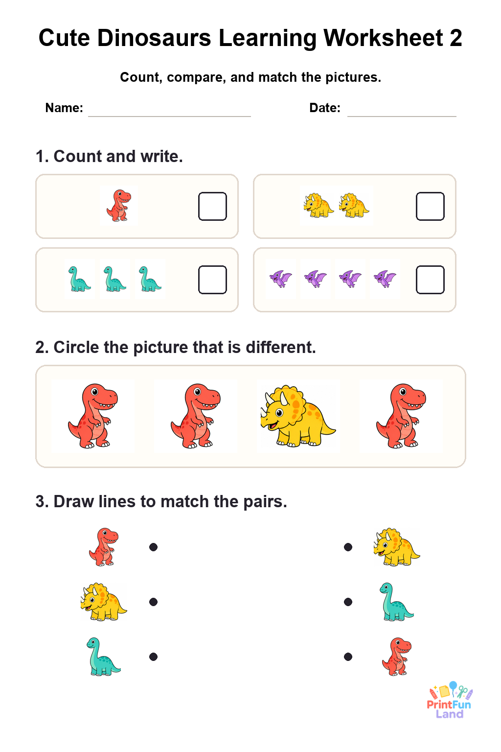 Cute Dinosaurs Worksheets for Preschoolers printable page 2