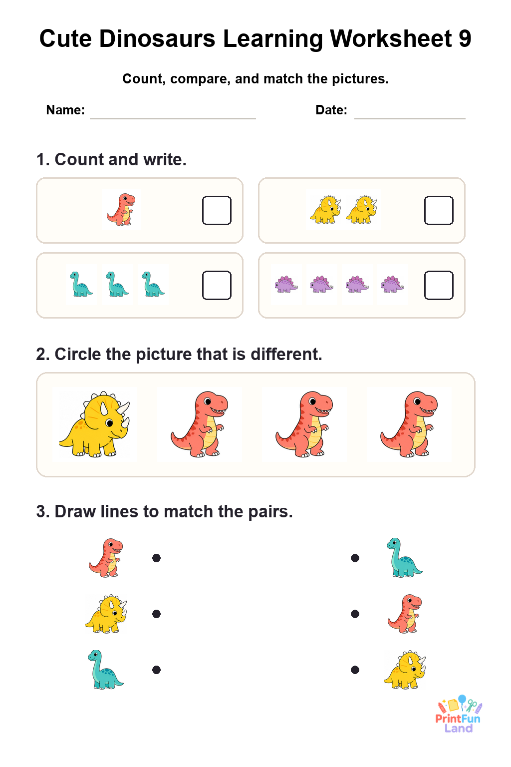 Cute Dinosaurs Worksheets for Preschoolers printable page 9