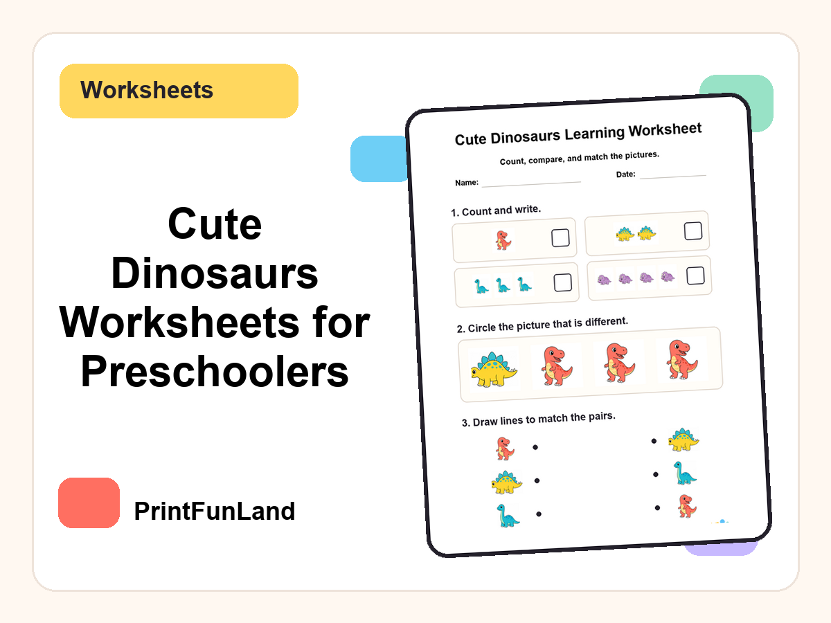 Cute Dinosaurs Worksheets for Preschoolers printable preview