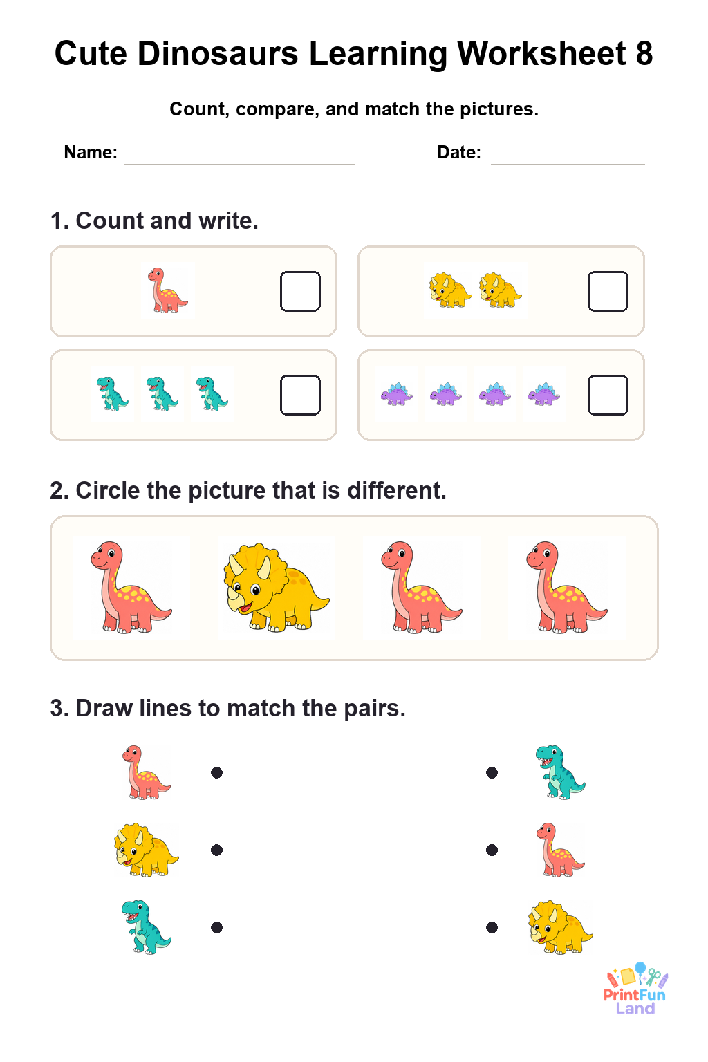 Cute Dinosaurs Worksheets for Preschoolers printable page 8