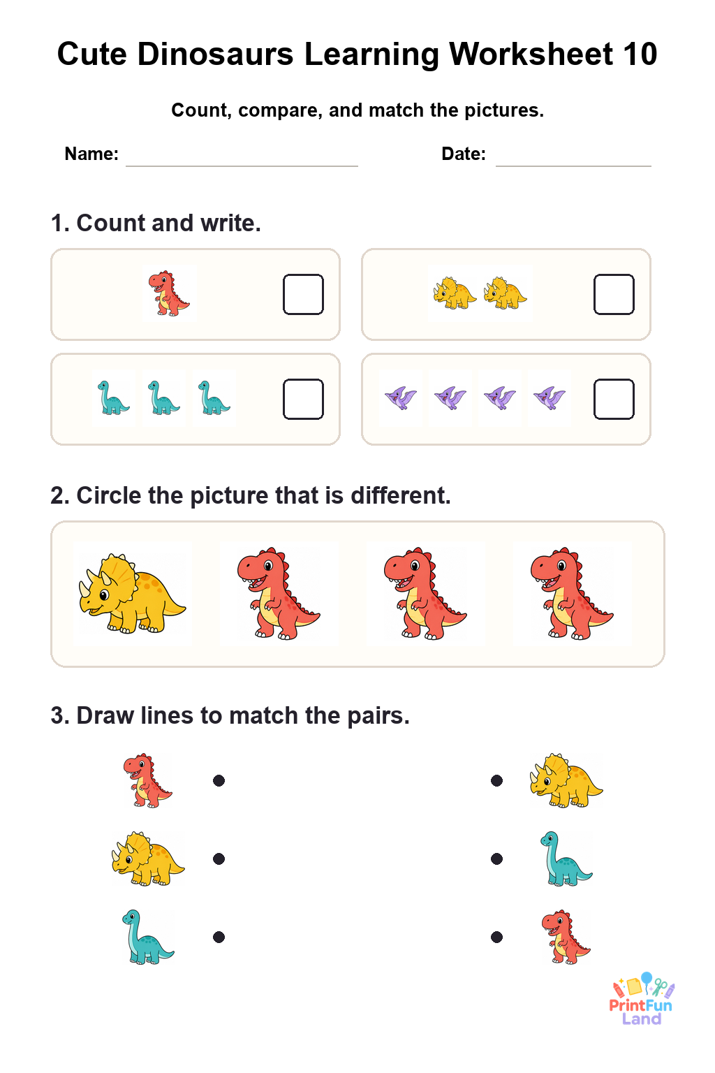 Cute Dinosaurs Worksheets for Preschoolers printable page 10