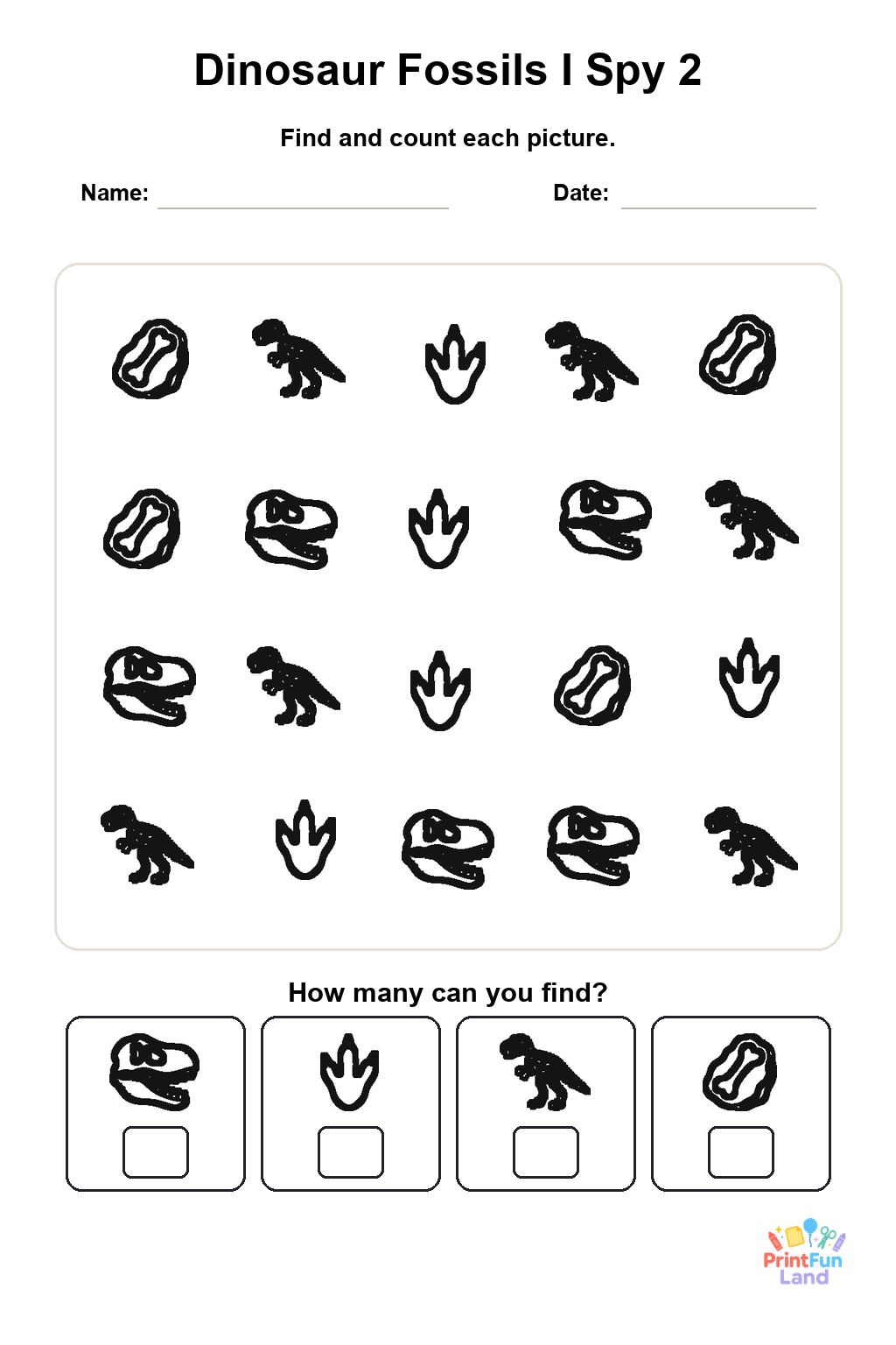 Dinosaur Fossils I Spy for Preschoolers printable page 2