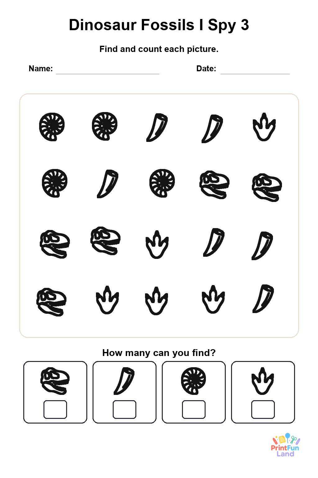 Dinosaur Fossils I Spy for Preschoolers printable page 3