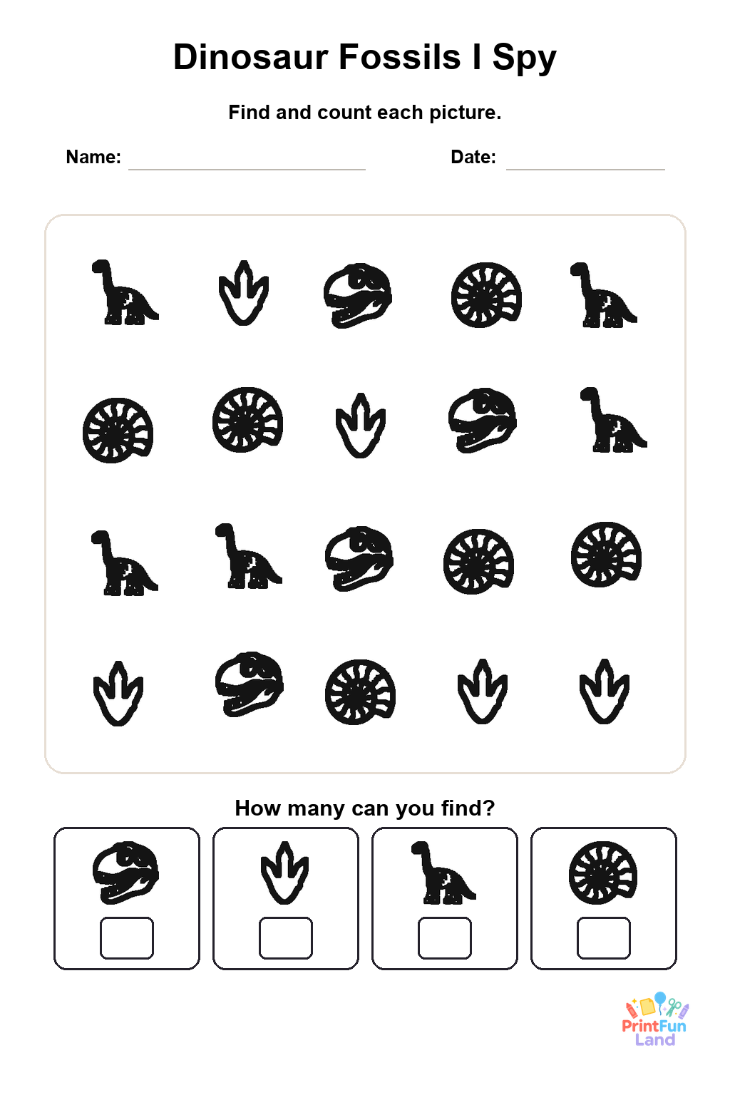 Dinosaur Fossils I Spy for Preschoolers printable page 1