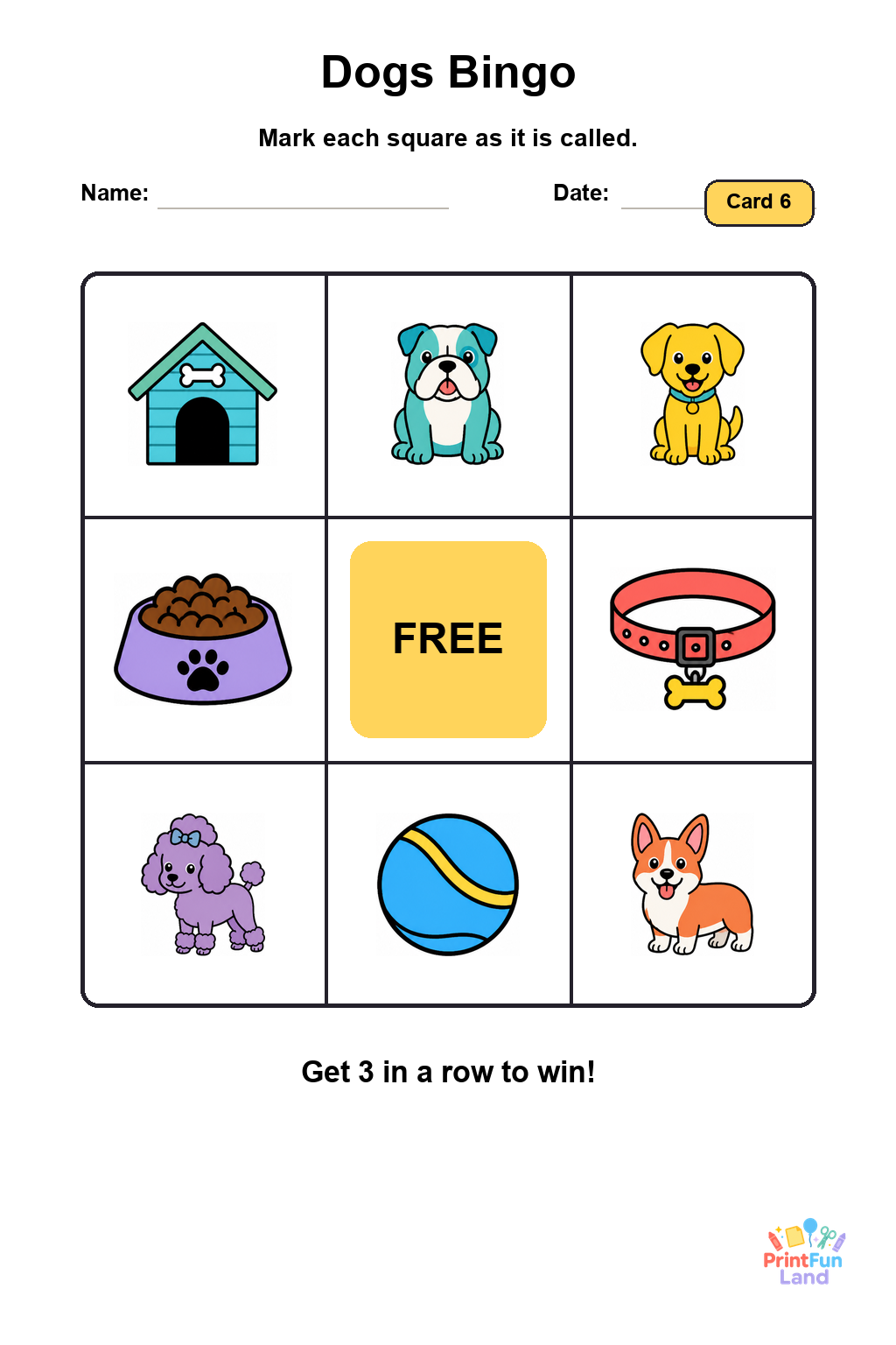 Dogs Bingo for Preschoolers printable page 6