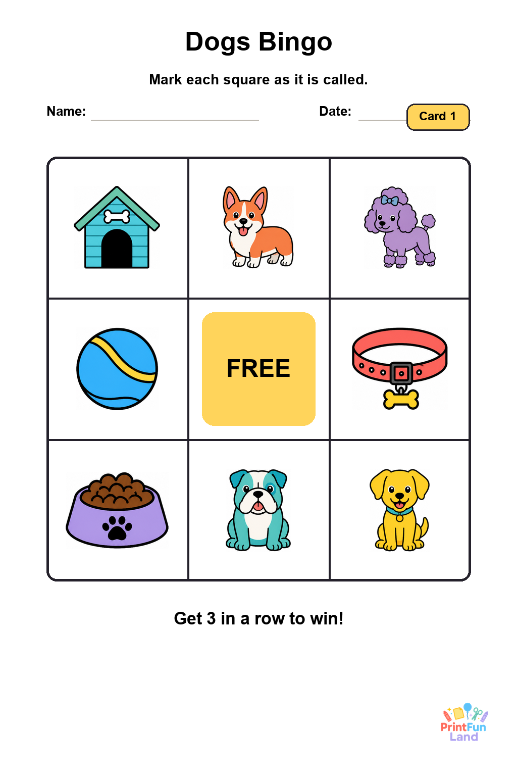 Dogs Bingo for Preschoolers printable page 1