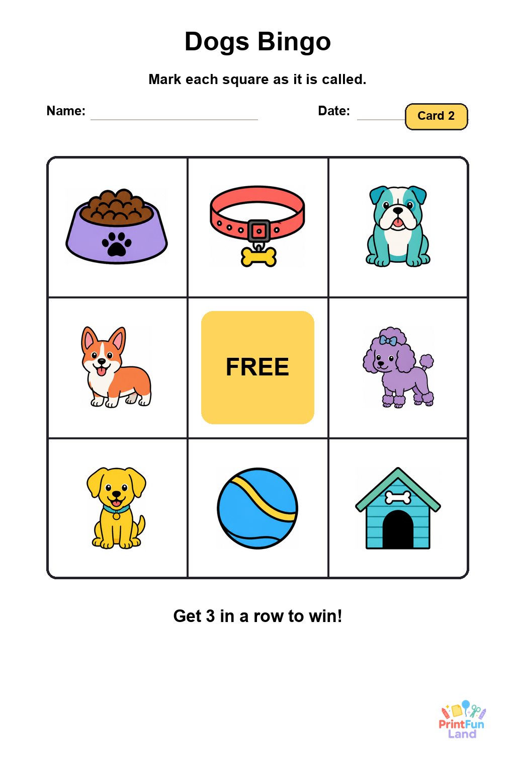 Dogs Bingo for Preschoolers printable page 2
