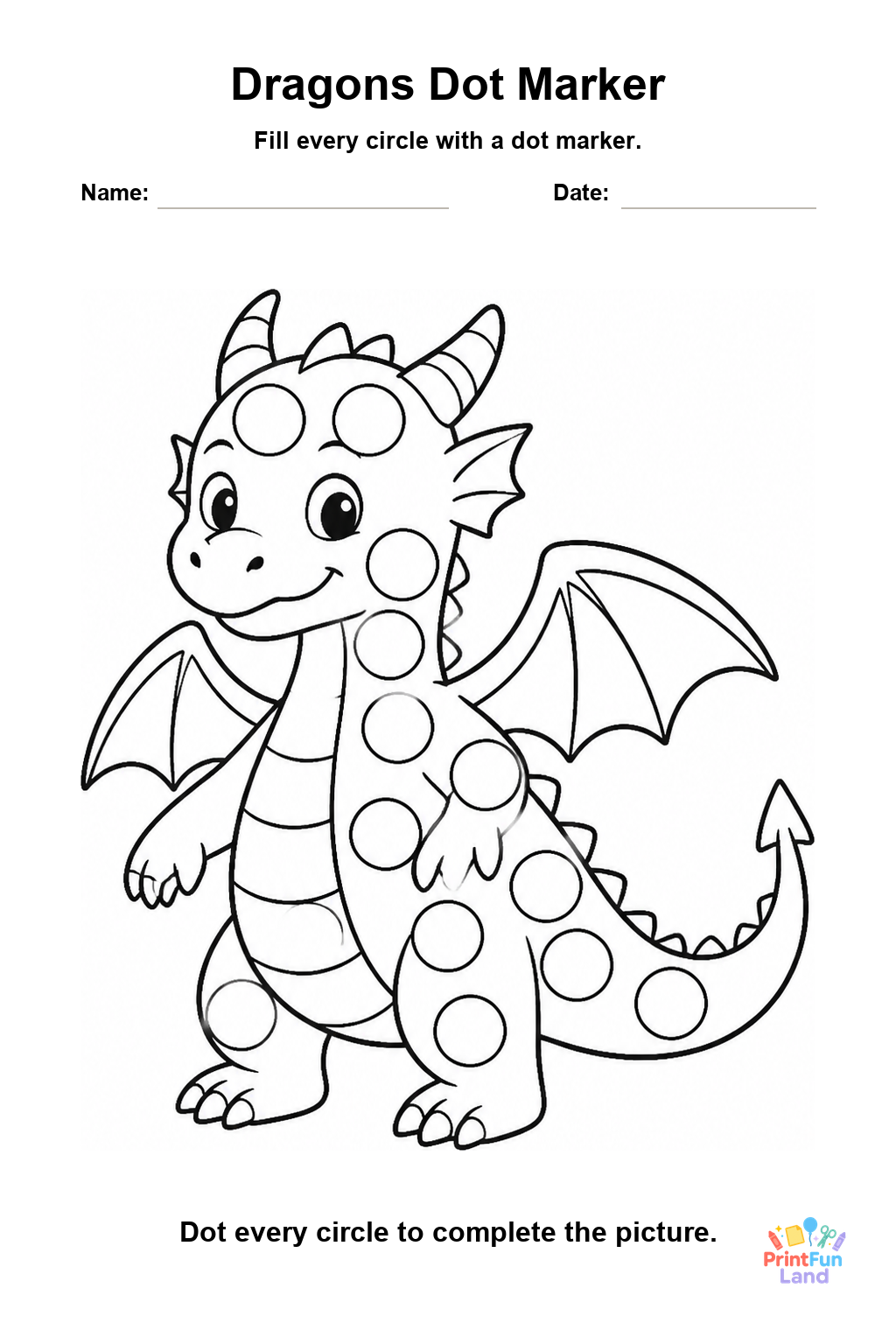Dragons Dot Marker Pages for Preschoolers printable page 1