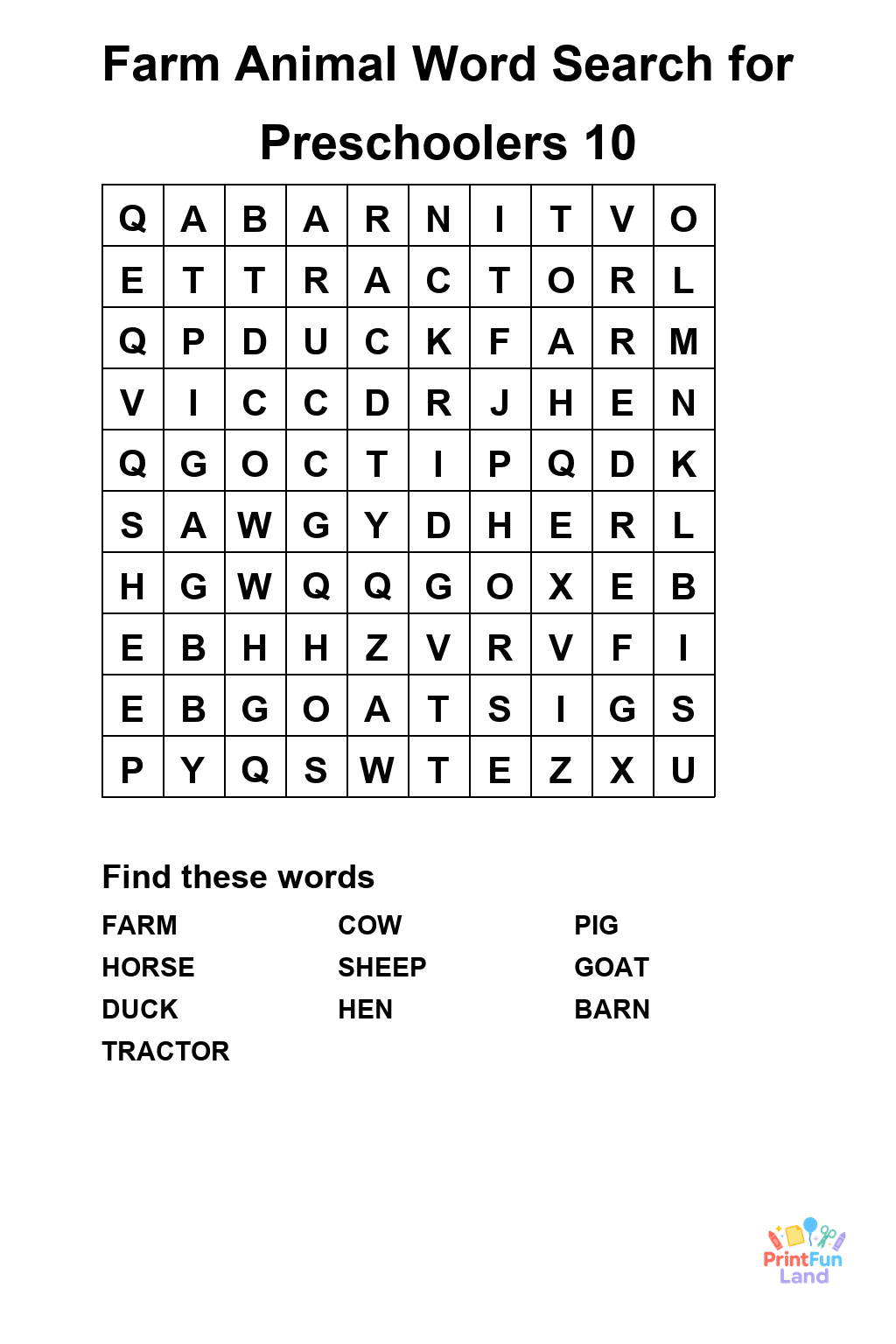 Farm Animal Word Search for Preschoolers printable page 10