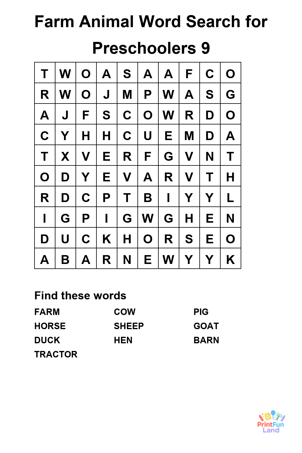 Farm Animal Word Search for Preschoolers printable page 9