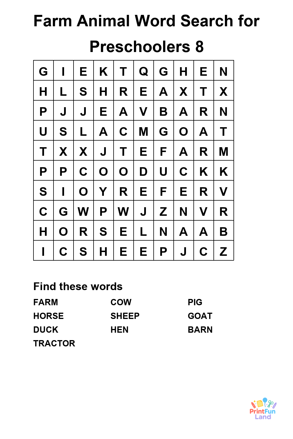 Farm Animal Word Search for Preschoolers printable page 8