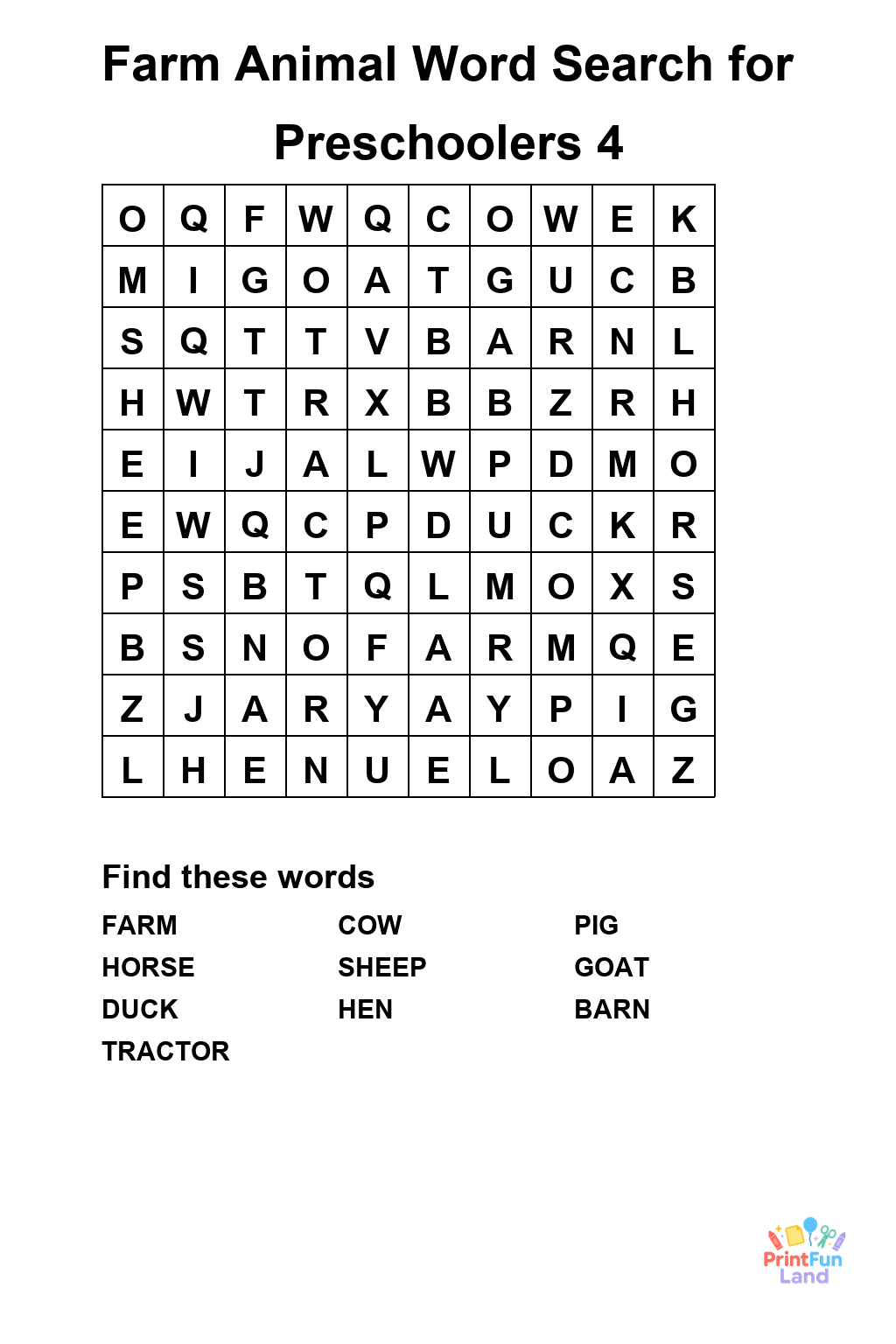 Farm Animal Word Search for Preschoolers printable page 4