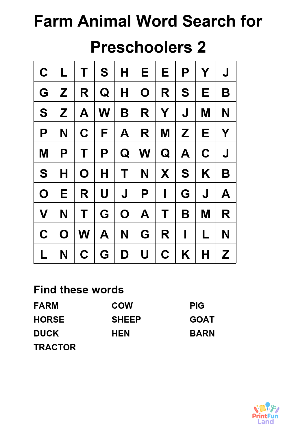 Farm Animal Word Search for Preschoolers printable page 2